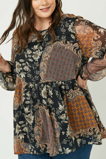 Plus Long Sleeve Mixed Patchwork Print Top Front